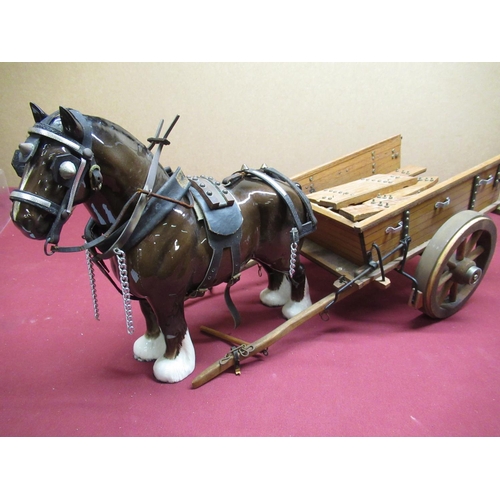 444 - Large Beswick Shire Horse in harness with wood and metal haycart (AF)