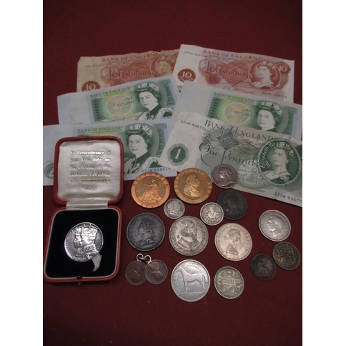 449 - Collection of various coins and bank notes including 10 shilling notes, 1 pound notes, two replica B... 