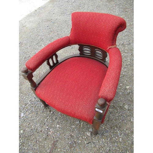 493 - Edwardian mahogany framed tub chair with upholstered seat back and arms, turned supports