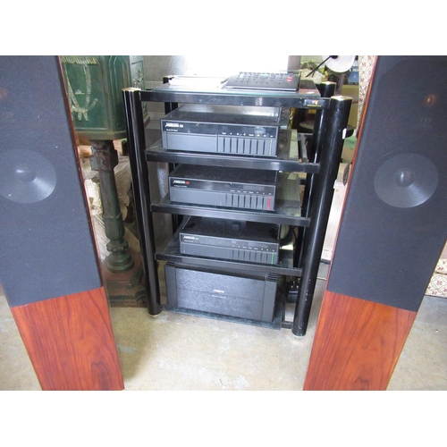 494 - Meridian Boothoryd Stuart Hi Fi system including 3 standing speakers a smoked glass sound style unit... 