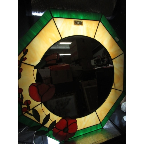 88 - Tiffany style octagonal stained glass framed wall mirror with Poppies 54cm x 54cm, handmade by craft... 