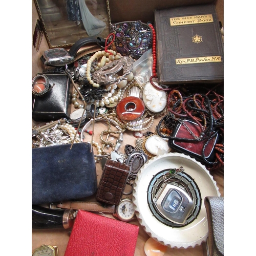 90 - Collection of various costume jewellery, watches pictures, badges, hardstone brooch etc