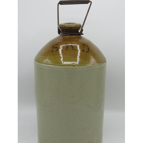 239 - Second World War S.R.D. glazed stoneware rum flagon with wire work handle, manufacturers stamp to ba... 