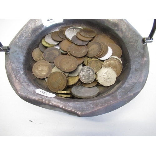 257 - Silver plated pedestal dish with swing handle containing a selection of various assorted coinage, to... 