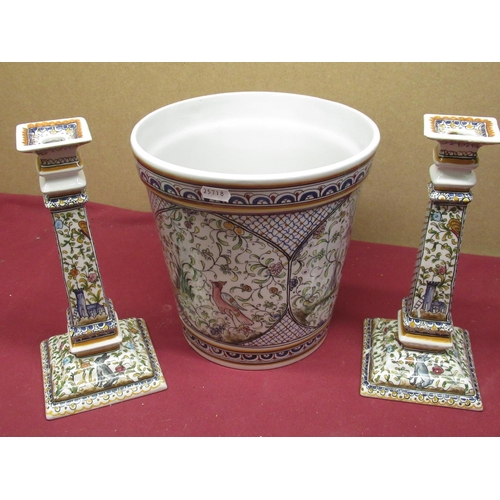 278 - Pair of Portuguese faience wear candlesticks H27cm and matching jardinière