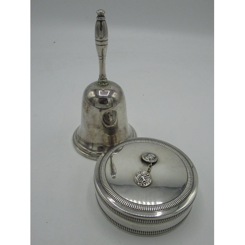 280 - Christian Dior white metal lidded circular ring box with red velvet interior and an EPNS table bell ... 