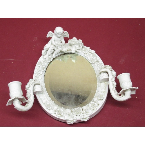 283 - Late 19th C blanc de chine with oval bevel edged mirror adjustable candle sconces encrusted with ros... 