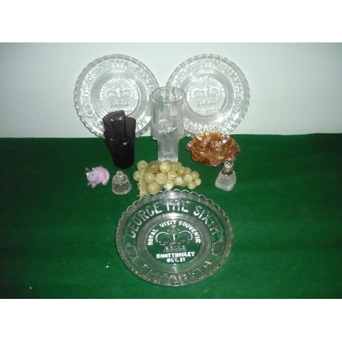 292 - Whitefrias  style beaker, orange carnival glass, bonbon dish, a cut glass perfume bottle with silver... 