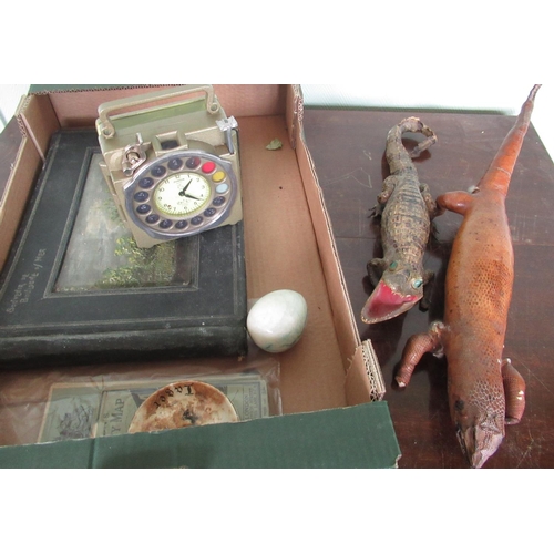 139 - Taxidermy baby crocodile and lizard, a French souvenir postcard from Boulogne, and other items inclu... 