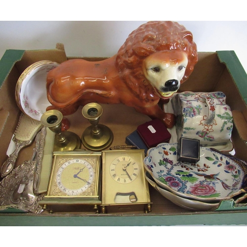 197 - Two modern brass cased mantel clocks dressing table set a large Staffordshire style lion, Victorian ... 