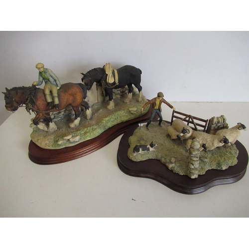 199 - Border fine arts group on wooden base of a shepherd rounding up sheep AF Border fine arts Heavy hors... 