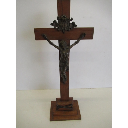 201 - Early to mid 20th C Oak crucifix with bronze figure of Christ on stepped base H49cm