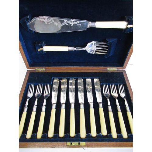 207 - Oak cased six place fish knife and fork set with associated servers with bone handles case 39.5cm 26... 