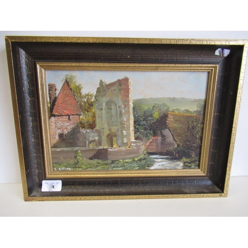 250 - Small framed oil on board painting of buildings in landscape scene signed C.Evison 39cm x 29cm inclu... 