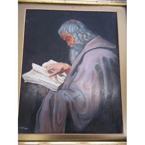 253 - Ebonized and gilt oil painting of religious scholar type figure signed F.Moire 41cm x 46cm including... 