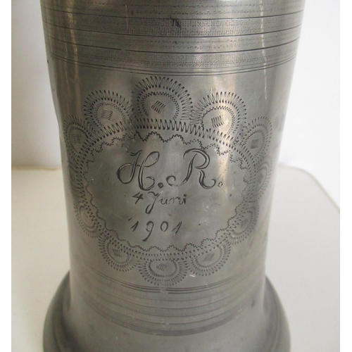 410 - Mid 19th C continental pewter lidded tankard of capstan form, central monogram dated 1847, James Dix... 