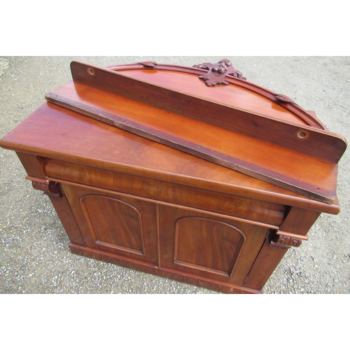 523 - Victorian mahogany chiffonier with raised back and shelf, single frieze drawer above two cupboard do... 