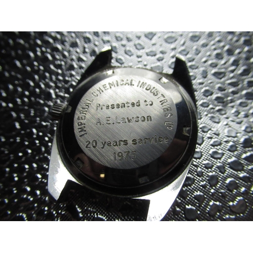 95 - Garrard quartz wrist watch with date, 9ct gold case stamped .375, and bearing presentation inscripti... 