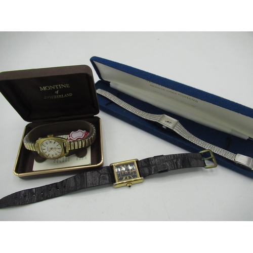 96 - Montine hand wound wrist watch gold plated rectangular case on leather strap, snap on stainless stee... 