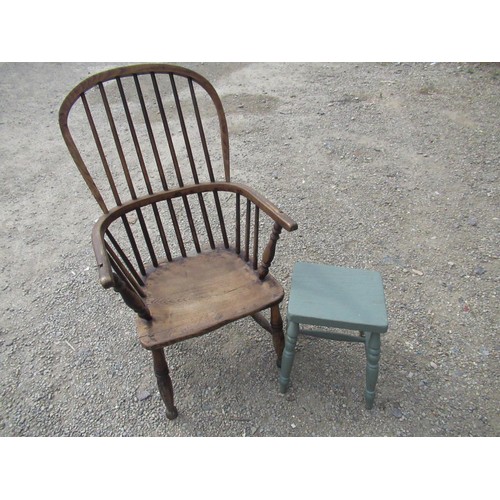 396 - 19th C ash and elm stick back Windsor armchair, and a Victorian painted stool with rectangular top o... 