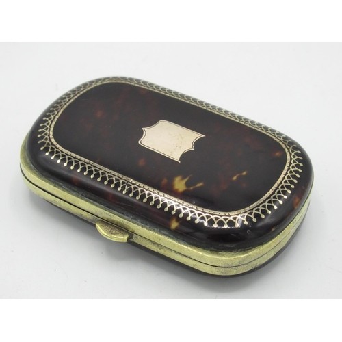 148 - 19th C tortoise shell purse with central logo and coronet swirl boarder, gilt metal mount and blue s... 