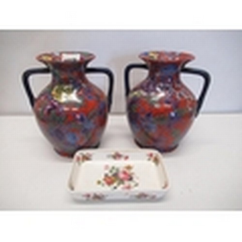 428 - Pair of early 20th C cauldron twin handled vases red ground decorated with peonies H21cm and a royal... 