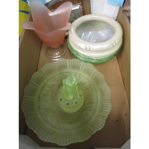 349 - Wall mounted barometer, a green bowl and flower stem vase and a pink opaque glass base, and a irides... 