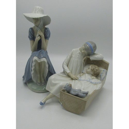 142 - Nao Lladro figurine of a seated lady and another of a mother and child in a cot