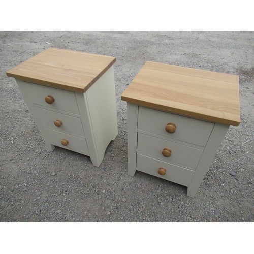 380 - Pair of three drawer bedside chests with wood finished tops and turned handles W45cm D35cm H62cm (2)