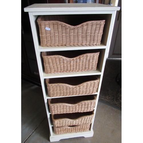 525 - Cream painted six tier shelf unit with slide out wicker baskets 45cm 38cm 12cm