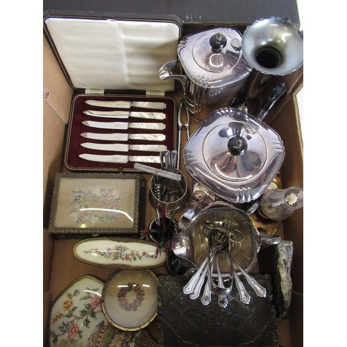 471 - Set of cased butter knives, a silver plated part tea service and a dressing table set with floral de... 