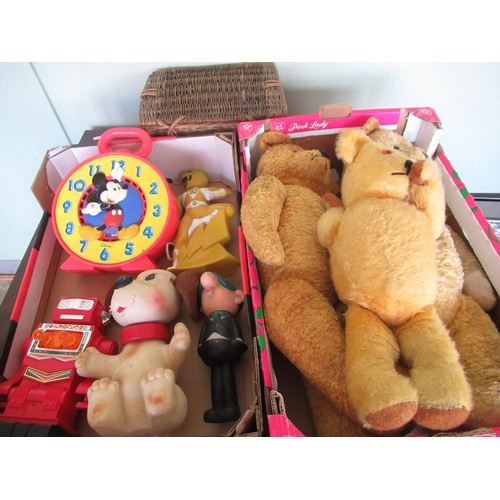 118 - A collection of vintage toys including a Mickey Mouse alarm clock and three large jointed teddy bear... 