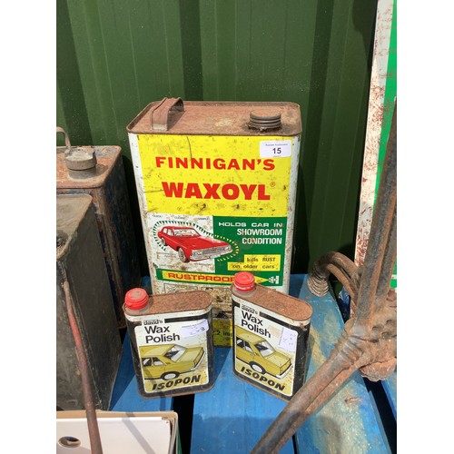 15 - 10 litre vintage Finnigan's Waxoyl polish and two tins of wax oil Isopon