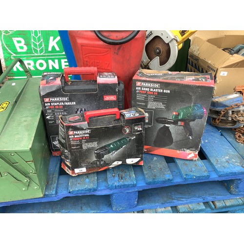 24 - Boxed Parkside air multi tool, boxed Parkside air stapler/nailer and a Parkside air sand blaster gun
