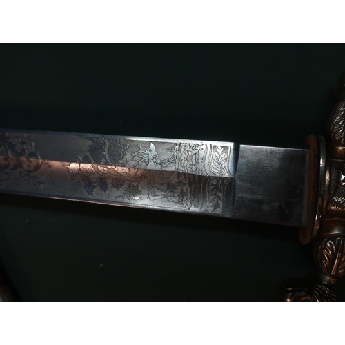 130 - Large, quality German hunting knife.  12 inch blade, finely etched with stags and hunting trophies s... 