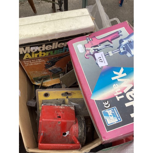 117 - Quantity of model makers equipment including drill bits, the hawk suction spray gun and modelers air... 