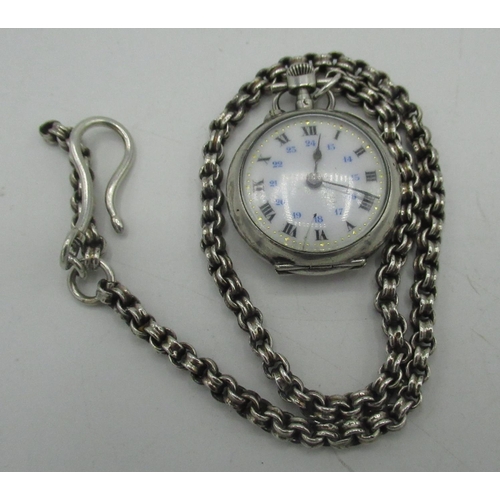 49 - Small silver open faced fob watch with Roman & Arabic numerals and star inlaid back, on belcher chai... 