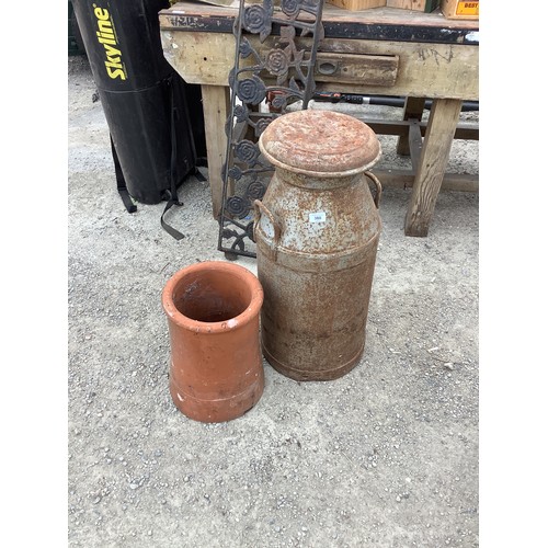 380 - Galvanised milk churn with lid and chimney pot