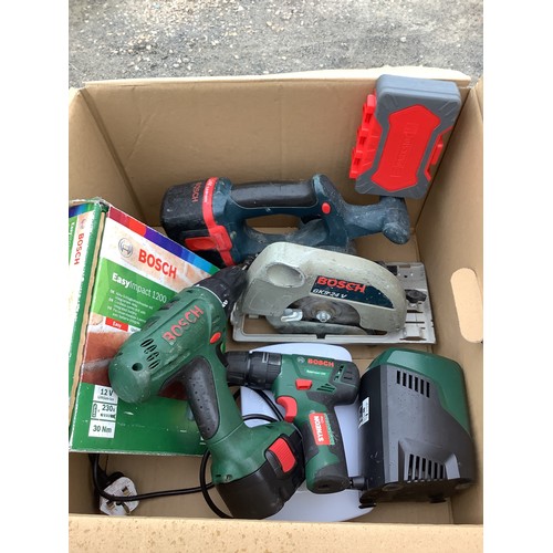 384 - Quantity of electrical tools including a Bosch gks 24 crosscut saw and bosh easy impact 1200 drill