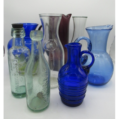 Collection of blue and uncoloured glass vases, jugs and bottles (8)