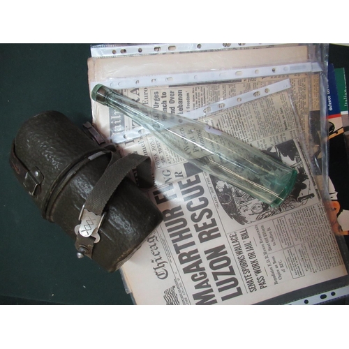 139 - WWII period glass bottle with glass stop dated 1942, a military style canteen and carry case and a s... 