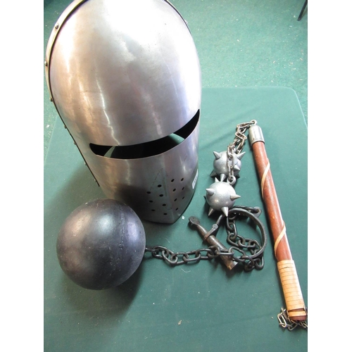 154 - Reproduction steel full face helmet, ball and chain and morning stars