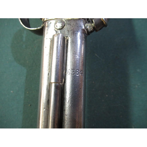 66 - Percussion cap over and under pistol with side mounted steel ram rod 6.5inch barrels with chequered ... 