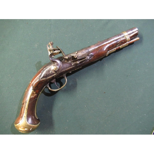 69 - Late 18th C flintlock pistol with 7inch barrel with various proof marks and engraved detail the lock... 