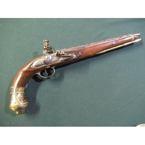 70 - 19th C Turkish style flintlock pistol with 10inch tapering barrel with elaborately inlaid white meta... 