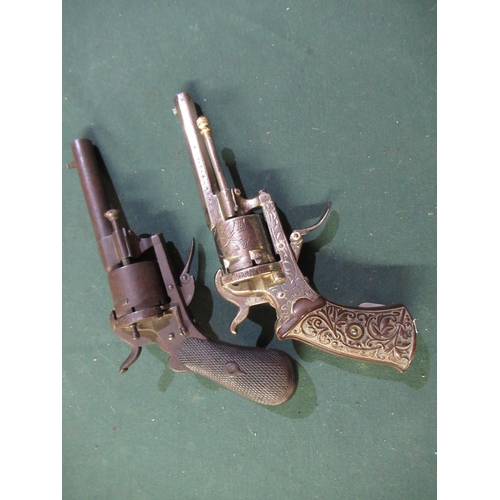 72 - Belgium style 6 shot pin fire revolver with engraved frame cylinder and 31/4 inch barrel with carved... 