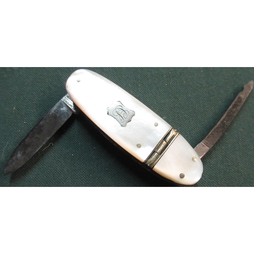 106 - Unusual 19th Century white metal and mother of pearl combination pocket/smokers knife with single fo... 