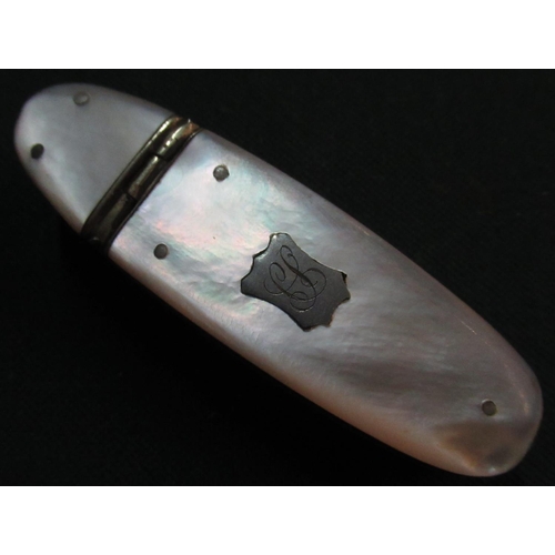 106 - Unusual 19th Century white metal and mother of pearl combination pocket/smokers knife with single fo... 