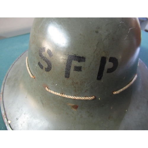 25 - British WWII period fire watcher S.F.P (Street Fire Patrol-Civilian) steel helmet with liner
