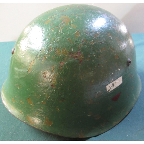 41 - Russian WWII period steel helmet with red star and division sign markings with liner and chinstraps